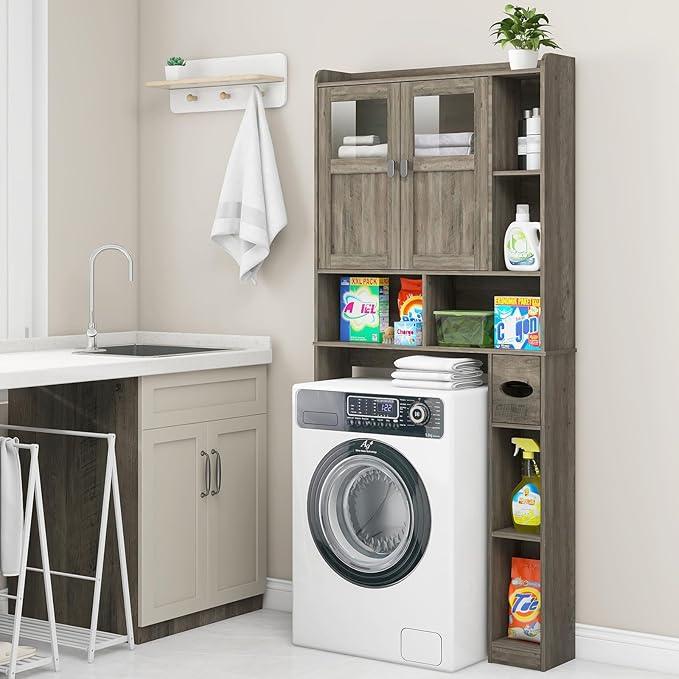 Vabches Over The Toilet Storage Cabinet, Bathroom Shelf Over Toilet with Glass Doors and Adjustable Shelves, Grey Freestanding Home Space Save Toilet Rack, for Restroom, Bathroom, Laundry - ModernBath