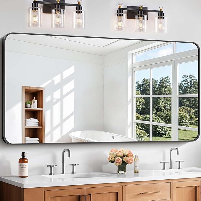 CIVENO Bathroom Mirror, 60 x 30 inch Black Rectangle Wall Mirror, Metal Frame Rounded Corner Vanity Mirror, Large Wall Mounted Mirrors for Over Sink Bedroom Living Room Horizontal Or Vertical Mounting - ModernBath
