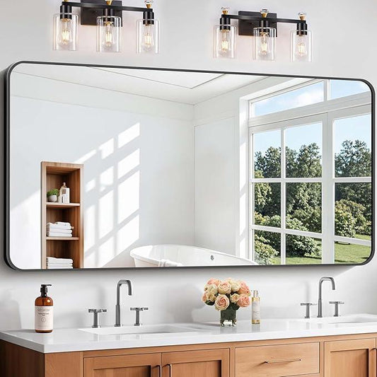 CIVENO Bathroom Mirror, 60 x 30 inch Black Rectangle Wall Mirror, Metal Frame Rounded Corner Vanity Mirror, Large Wall Mounted Mirrors for Over Sink Bedroom Living Room Horizontal Or Vertical Mounting - ModernBath