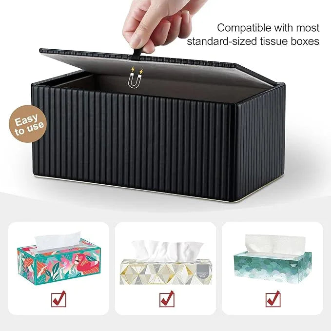KINGFOM Rectangular Tissue Box Cover, PU Leather Tissue Box Holder with Magnetic Bottom, Napkin & Facial Tissue Holder Dispenser Decorative Box Cover for 120-count (3-Ply) 160-count (2-Ply) Black - ModernBath