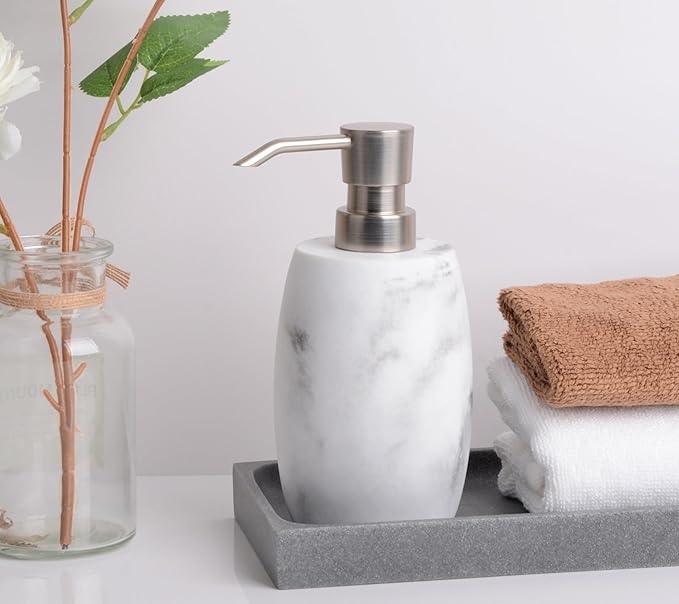 Clasin Home Resin Hand Soap Dispenser, Refillable Soap Dispenser with White Marble Look and Metallic Pump, Waterproof Bottle Labels for Bathroom Kitchen Dish Hand Wash Shower Lotion Shampoo (12 Oz) - ModernBath