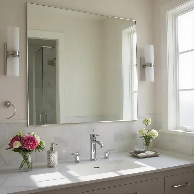 Bonverre 30x36 Inch Nickel Bathroom Mirror for Wall, Aluminum Frame Rectangle Rectangular Vanity Mirror, Modern Large for Bedroom, Living Room, Horizontal or Vertical - ModernBath