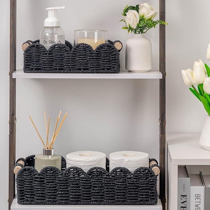 CubesLand Toilet Paper Storage Basket Scalloped Edge Home Decor Basket, Living Room Cozy Decor, Paper Rope Small Baskets for Over Toilet Storage Shelf, End Table, Shelves, with 2 Wooden Handles, Black - ModernBath
