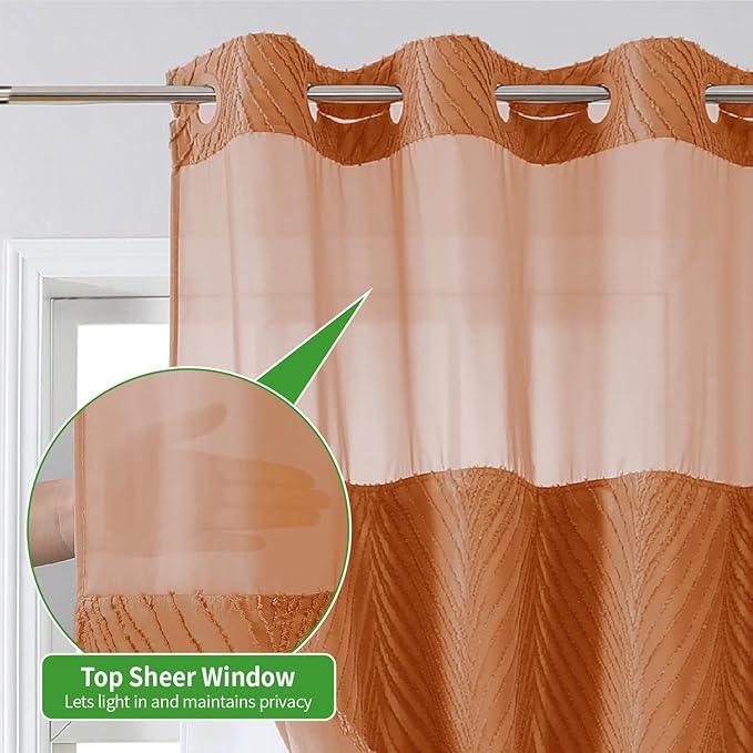 eachope no Hook Shower Curtain and Liner Set，Boho Style with See Through Top Window, BurntOrange Fabric Tufted Striped Textured Outer Curtain & Waterproof Inner Liner, Orange, 71Wx77H - ModernBath