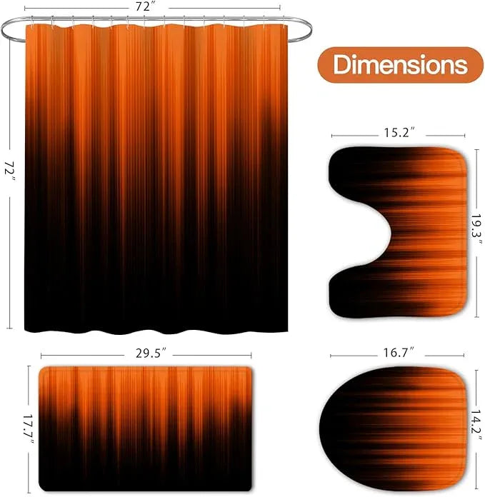 Litabel 4 Pcs Orange and Black Gradient Shower Curtain Set with Rugs and Toilet Lid Cover, Modern Simple Waterproof Fabric Bathroom Set, Ombre Stripe Gothic Abstract Bathroom Decor Set Accessories - ModernBath