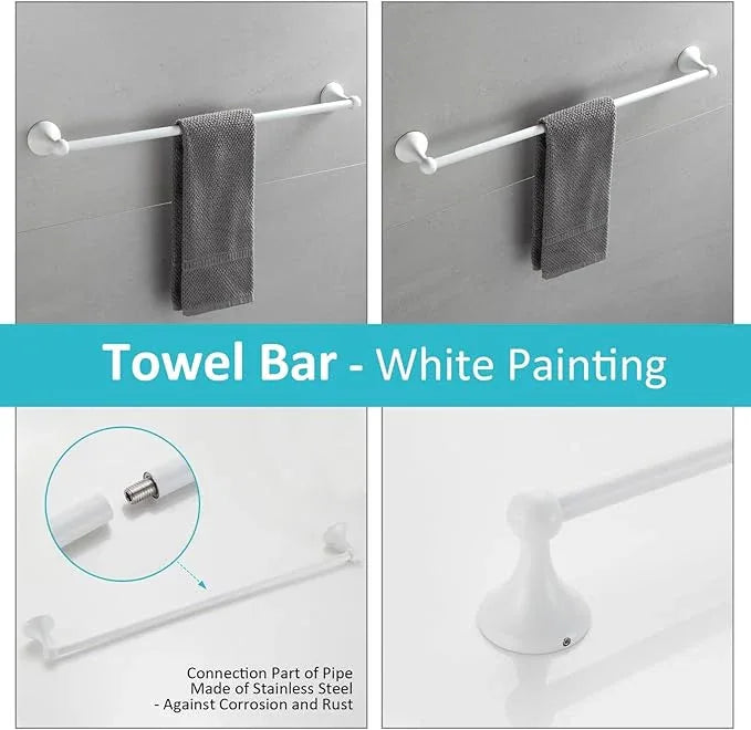 BGL Bathroom Accessories Set, White Paint Expandable Towel Bar 4-Piece Bathroom Accessory Set Wall Mounted Towel Ring Robe Hook Toilet Paper Holder Towel Holder - ModernBath