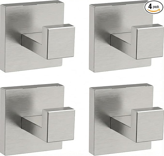 Hiuqixe Brushed Nickel Hand Towel Hook 4-Pack, Geometric Series - Stainless Steel Towel Hooks for Bathrooms, Modern Wall Mount Bath Towel Holder with Industrial SUS304 Core
