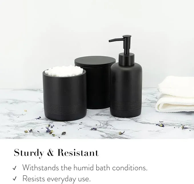 ZCCZ Black Matte Bathroom Accessories Set 6 Pieces - Toothbrush Holder, Lotion Dispenser, Qtip Container, Vanity Tray, Tumbler - Countertop Organizer for Bathrooms - Elegant and Functional Décor Set - ModernBath