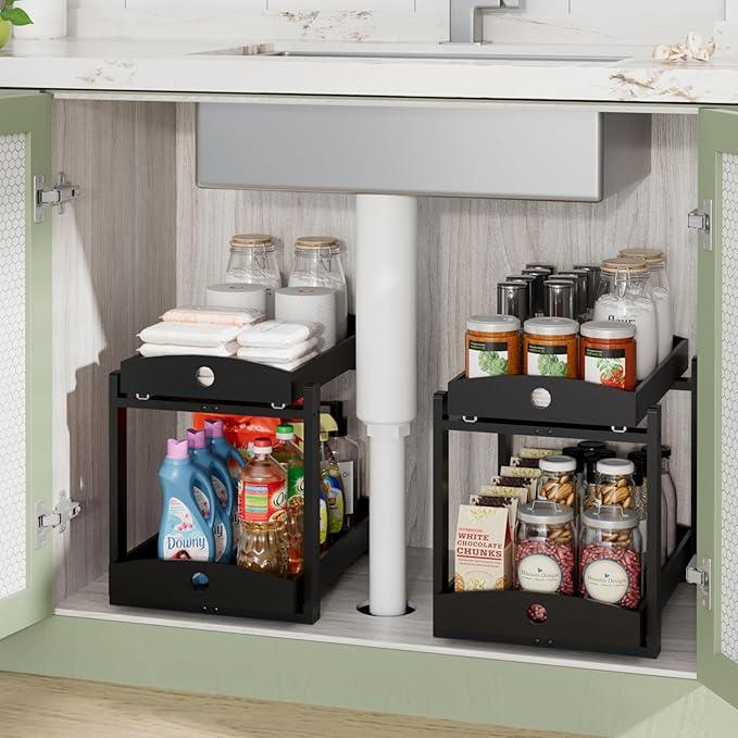 2 Pack Under Sink Organizer, Bamboo Wooden 2-Tier Pull-Out Storage with Sliding Drawers for Kitchen and Bathroom Cabinets, Easy Installation (Black) - ModernBath