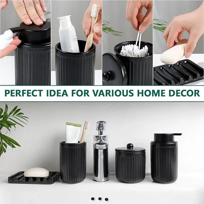BosilunLife Black Bathroom Accessories Set - Ceramic Bathroom Counter Soap Set Bathroom Decor Sets Accessories Bathroom Lotion Soap Dispenser and Toothbrush Holder Set, Soap Dish, Apothecary Jars - ModernBath