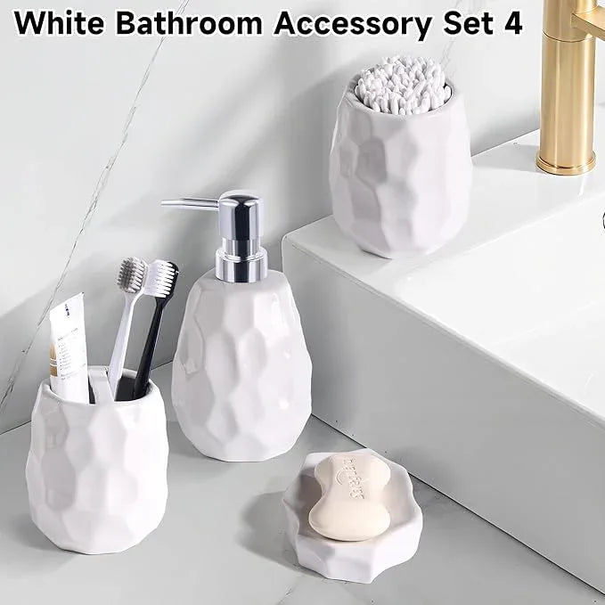 Ceramic Bathroom Accessories Set 4 PCS,Bathroom Toothbrush Holder Set,Soap and Toothbrush Holder Set,Include Toothbrush Holder,Soap Dispenser,Tumbler,Soap Dish,Bathroom Sets Decor Organizer (White) - ModernBath