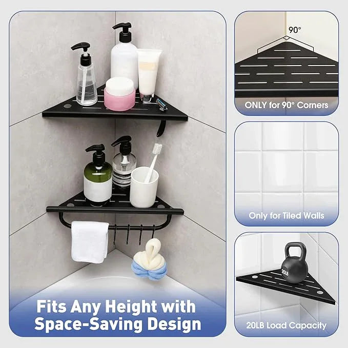Corner Shower Shelf, 10'' Shower Corner Shelf with Towel Bar & Hooks, 304 Stainless Steel Recessed Bathroom Shelves, No Drilling for Tiled Wall, 2-Pack (Matte Black) - ModernBath