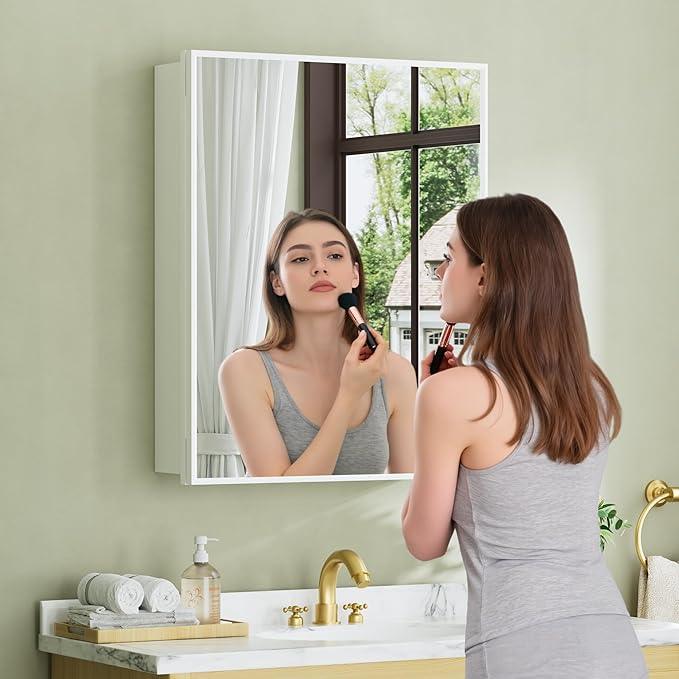 Buruis 24" x 30" Framed Medicine Cabinet with Mirror, Recessed or Wall Mounted Bathroom Cabinet, Adjustable Tempered Glass Shelves, Left/Right Open Reversible, No Assembly Required, White - ModernBath