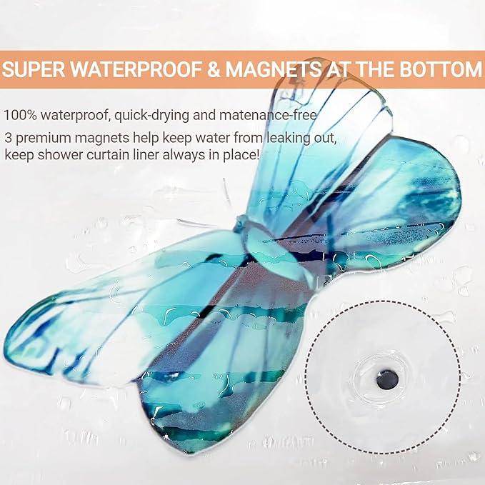 Clear Colorful Floral Butterfly Shower Curtain Liner, Plastic Pretty Pink and Orange Flower Green Eucalyptus Leaf Shower Curtains for Bathroom, 72x72 Weighted Magnetic Shower Curtain Set with 12 hooks - ModernBath