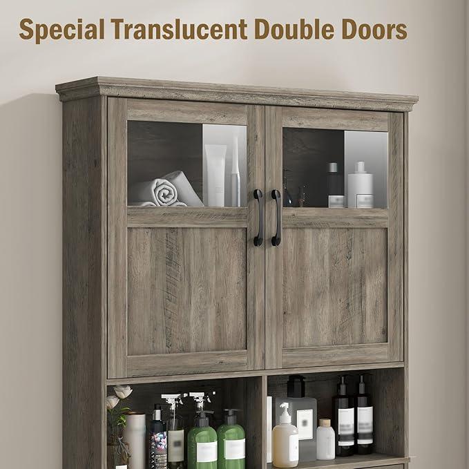 Vabches Over-The-Toilet Storage Cabinet with Double Doors, Toilet Paper Holder Stand & Adjustable Shelf, Freestanding Space Saver, Grey - ModernBath