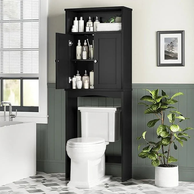 Over The Toilet Storage Cabinet, Over The Toilet Storage with Adjustable Shelf and Double Doors, Above Toilet Storage Cabinet for Bathroom Storage Over Toilet Bathroom Organizer (Black) - ModernBath
