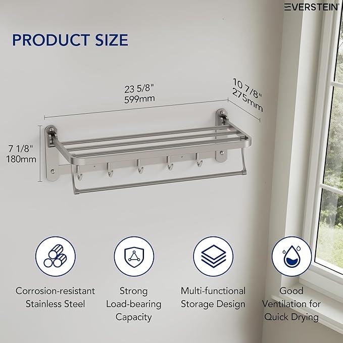 Bathroom Towel Rack with Storage Shelf and 5 Hooks, 23.6 in Foldable Towel Shelf Bar, Wall Mounted Lavatory Organizer,Brushed Nickel - ModernBath