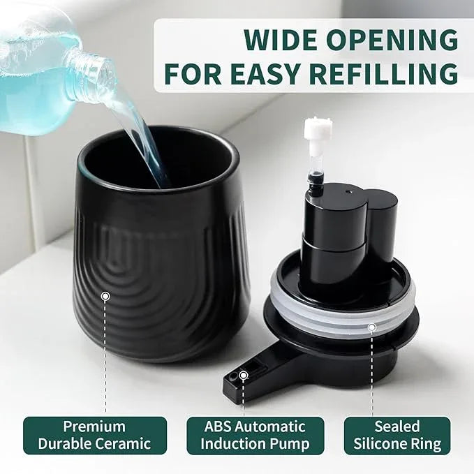 BosilunLife Ceramic Automatic Soap Dispenser with Extended Pump Nozzle, 3 Adjustable Levels, Touchless Foam Hand Wash Foaming Dispenser for Bathroom & Kitchen, Embossed Wave Design, Black, 10oz - ModernBath