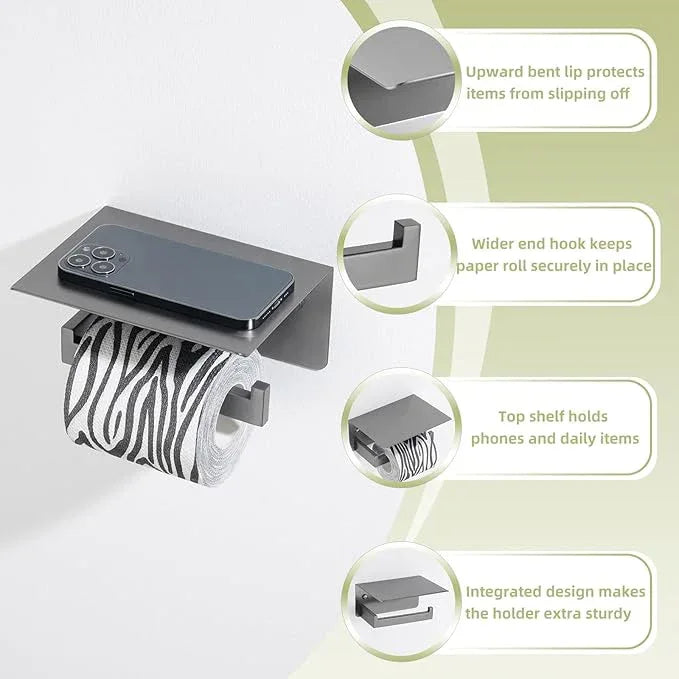 APLusee Toilet Paper Holder with Phone Shelf Gunmetal Gray, 304 Stainless Steel Rustproof Wall Mounted Heavy-Duty, Space-Saving for Modern Bathrooms - ModernBath