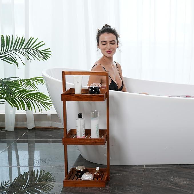 Utoplike Teak Shower Caddy Corner, 3 Tier Standing Shower Organizer Shelf with Handle, Wood Bathroom Stand Up Caddy Basket for Shampoo, Rack for Inside Shower, Bath, Office, Kitchen Desktop - ModernBath