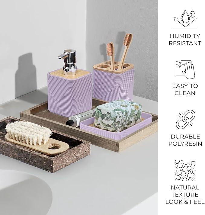 CERBIOR Bathroom Accessories Set 6 Piece Bamboo Bath Ensemble Includes Soap Dispenser, Toothbrush Holder, Toothbrush Cup, Soap Dish for Decorative Countertop and Housewarming Gift (Purple) - ModernBath