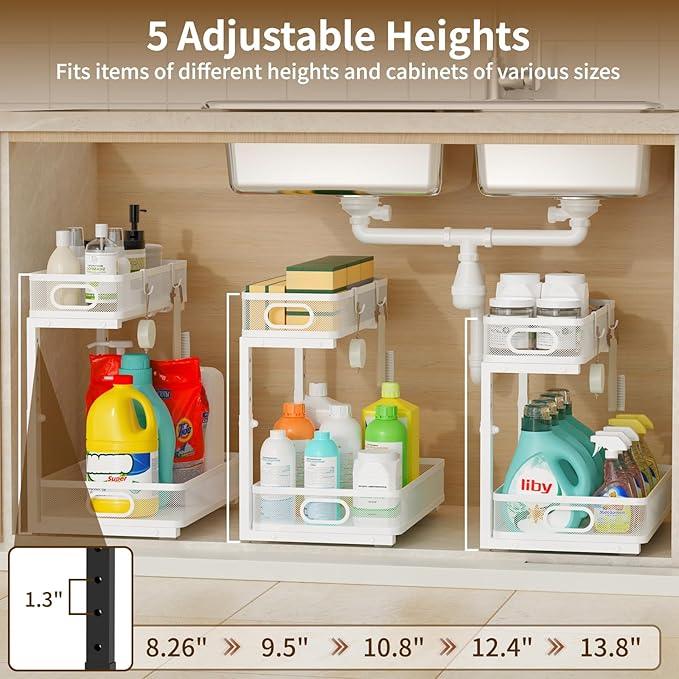 Under Sink Organizer 2 Pack, 2-Tier Slide Out Cabinet Organizer with Metal Sliding Drawer and Hooks, Pull Out Storage Baskets for Kitchen Bathroom Pantry Cabinet Organization (White) - ModernBath