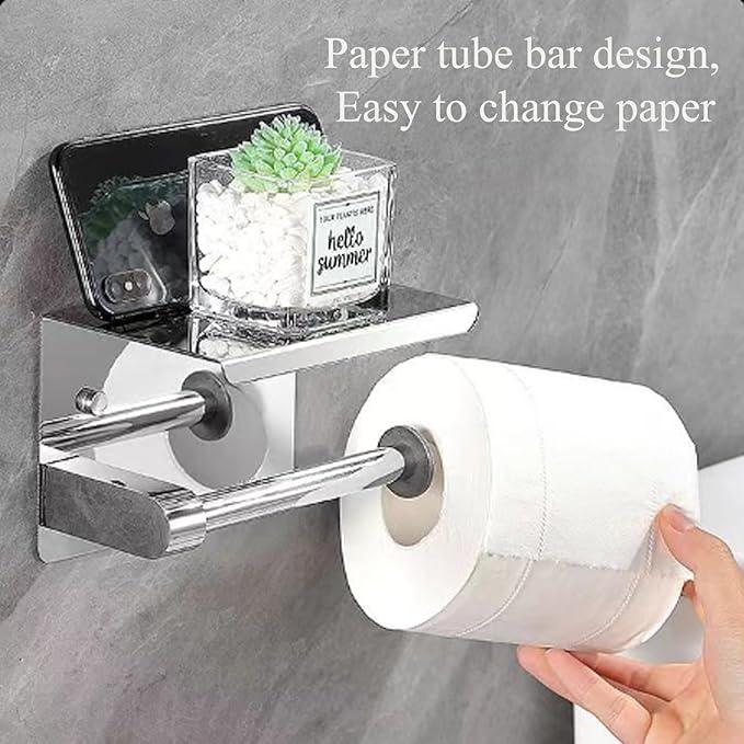Toilet Paper Holder with Phone Shelf Stainless Steel Bathroom Tissue Roll Holder Wall Mounted Toilet Paper Roll Storage Polished Chrome Finished - ModernBath