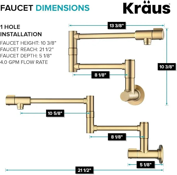 KRAUS Bolden Pot Filler Faucet with Retractable Arm, Wall Mount Kitchen Faucet, Pot Filler for Stove in Spot-Free Brushed Brass, KPF-5003SFBB - ModernBath