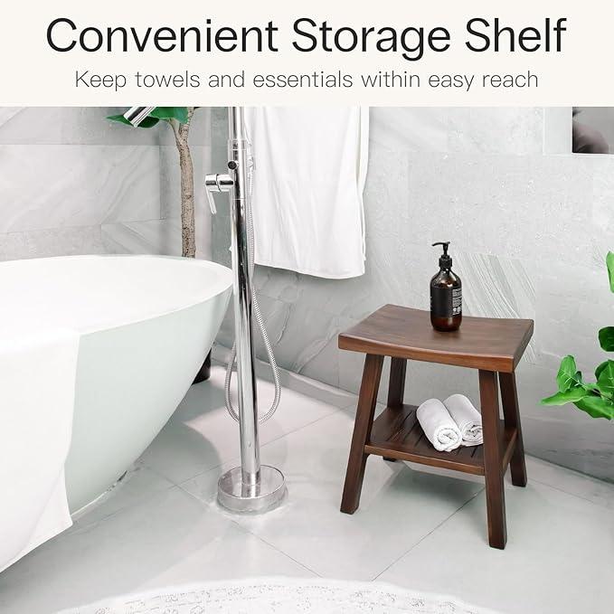 StrongTek Teak Shower Stool with Storage Shelf, 18-Inch Solid Teak Wood Bath Seat Bench, Ergonomic Curved Seat, Easy Assembly, Water-Resistant, 350 lbs Capacity, Ideal for Bathroom, Spa & Home Use - ModernBath
