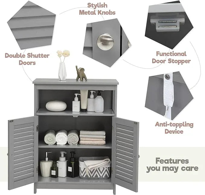 GLACER Bathroom Floor Cabinet, Wooden Storage Cabinet with Double Shutter Doors & 3-Position Adjustable Shelf, Side Storage Organizer Cabinet, 23.5 x 12 x 31.5 inches (Grey) - ModernBath