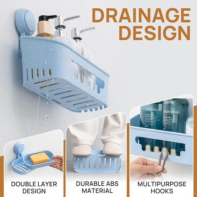 LEVERLOC Shower Caddy Suction Cup Set Shower Organizer & Soap Holder & Toothbrush Holder, Bathroom Shelf Basket NO-Drilling, Removable Suction Storage Waterproof Bathroom Caddy, Blue - ModernBath