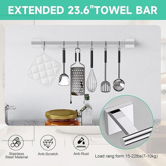 Polished Chrome Bathroom Hardware Accessories Towel Bar Set, 10 Pieces Bathroom Towel Bar Holder Set, 23.6 Inch Stainless Steel Toilet Paper Holder Towel Racks for Bathroom Wall Mounted - ModernBath