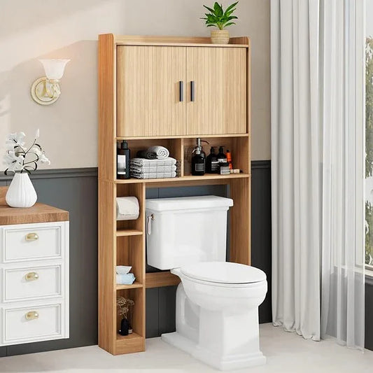 Over The Toilet Storage Cabinet,Farmhouse Toilet Cabinet Rack with 2 Tambour Sliding Doors and Toilet Paper Holder Stand，Toilet Shelf Space Saver with Towel Rack for Bathroom, Restroom, Laundry - ModernBath