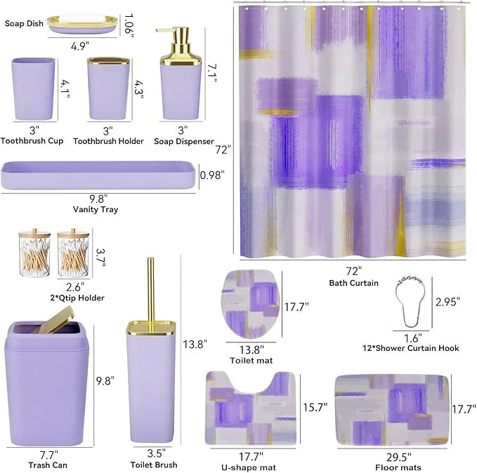 XLHOMO Bathroom Set - Purple and Gold Bathroom Accessories Set, Bathroom Sets with Shower Curtain and Rugs, Purple Shower Curtain Set with Bathroom Trash Can, Soap Dispenser, Soap Dish for Home Decor - ModernBath