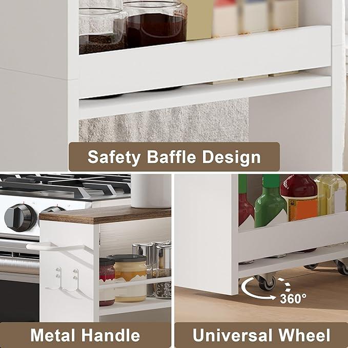 ChooChoo 4-Tier Slim Storage Cart with Handle, 5.51" W Rolling Utility Cart on Universal Wheels, Kitchen Cart Mobile Shelving Organization for Laundry Room, Bathroom & Narrow Place (Walnut & White) - ModernBath