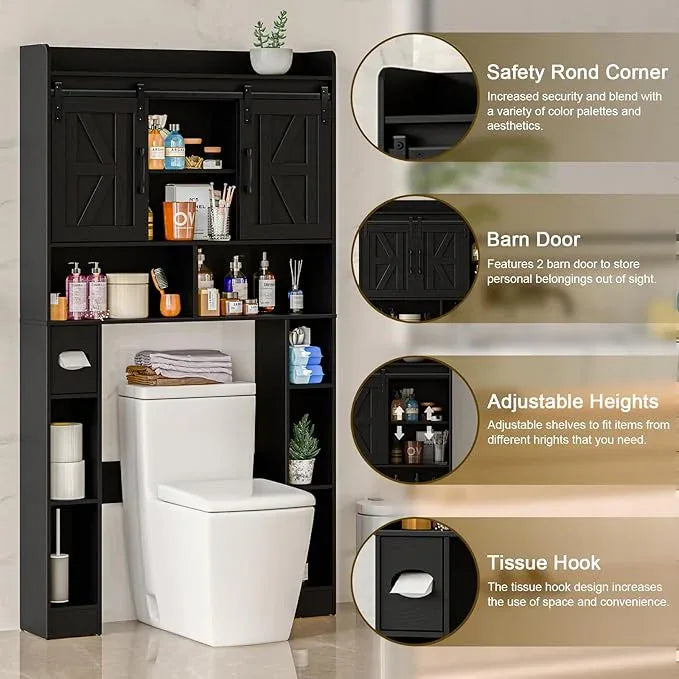 Farmhouse Storage Cabinet Over Toilet with Sliding Doors，Over The Toilet Storage Cabinet, Home Space-Saving Toilet Rack, for Bathroom, Restroom, Laundry.Pure Black - ModernBath