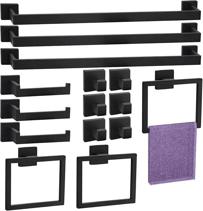15 Pieces Bathroom Hardware Set, Matte Black Bathroom Accessories Set, Towel Racks for Bathroom, 23.6 Inch Bath Towel Bar Set Stainless Steel, Toilet Paper Holder Wall Mounted, Towel Ring, Towel Hook - ModernBath
