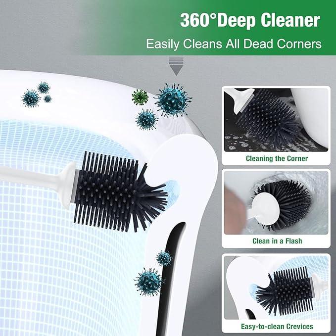 Lefree, 2 in 1 Toilet Brush and Plunger Set with Silicone Bristles, Plastic Material, Includes Holder, White/Black, for Deep Cleaning - ModernBath