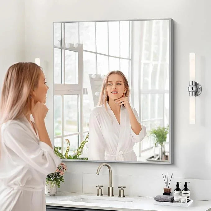 COFENY Silver Bathroom Mirror for Wall, 30x36 Inch Rectangle with Metal Frame, Modern Vanity for Bathroom Living Room, Entryway Hangs Horizontal or Vertical - ModernBath