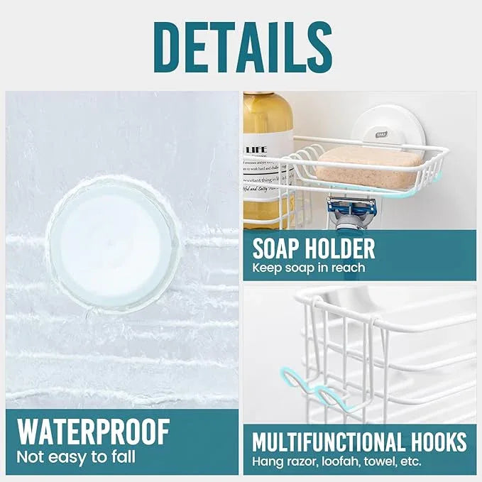 TAILI Shower Caddy Suction Cup with Hooks & Soap Holder, Heavy Duty Bathroom Shower Organizer, No Drilling Shelves for Inside Bathroom, Metal Storage Basket-White - ModernBath