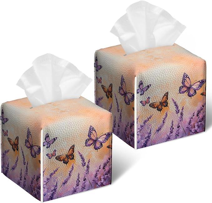 Purple Butterfly Lavender Tissue Box Cover 2PCS, Leather Tissue Box Holder Square Facial Paper Case Tissue Box Cube Organizer for Bathroom Bedroom Desk Office - ModernBath