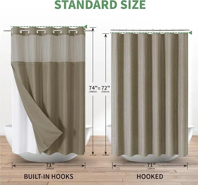eachope No Hook Shower Curtain with Snap-in Fabric Liner Set,Slub Textured Fabric Shower Curtains for Bathroom,Hotel Style Modern Shower Curtain,Water Repellent & Washable,71x74(72),Tan/Khaki - ModernBath
