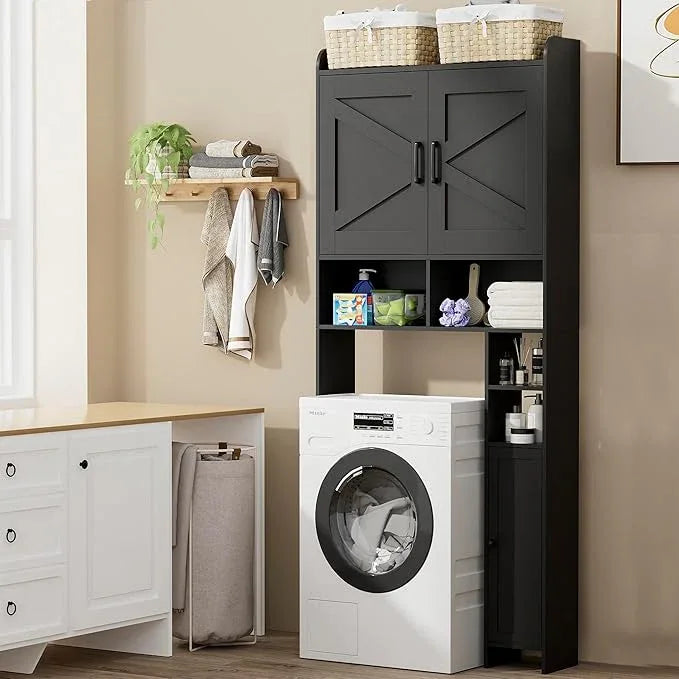 Homhedy Over The Toilet Storage Cabinet with 2 Barn Door and Toilet Paper Holder Stand, FreeStanding Toilet Shelf Space Saver, for Bathroom, Restroom, Laundry, Black - ModernBath