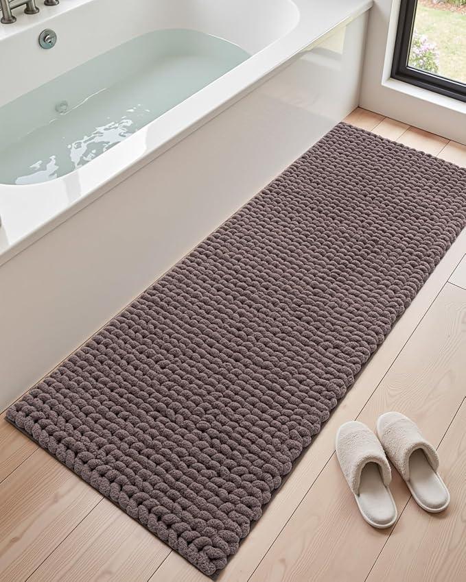 DEXI Bathroom Runner Rugs 24x60, Non Slip Washable Long Bath Mat, Luxury Chenille Super Absorbent Ultra Thick Bathmats for Shower Floor, Plush Fluffy Shaggy Carpet for Tub, Brown - ModernBath