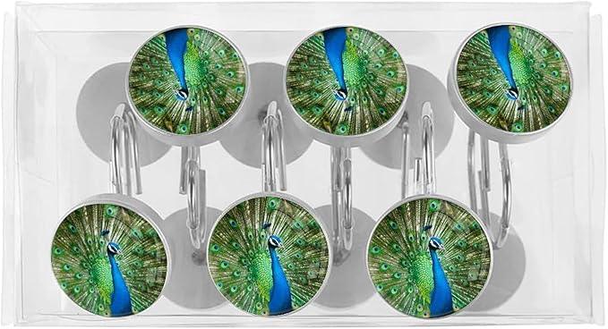 12pcs Shower Curtain Hooks,The Peacock Shows its Tail Decorative Shower Curtain Hanger Rings Roller, Stainless Steel Round Shower Rings Hangers for Bathroom - ModernBath