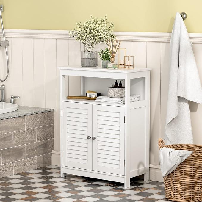 GLACER Bathroom Floor Cabinet, Wooden Storage Cabinet with Double Shutter Doors & 3-Position Adjustable Shelf, Side Storage Organizer, 23.5 x 12 x 31.5 inches (White) - ModernBath