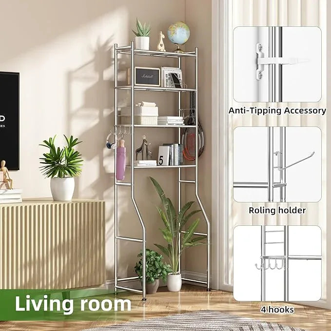 Over The Toilet Storage Rack, 4-Tier Metal Over Toilet Storage Shelves, Freestanding Bathroom Organizer with 4 Hooks and Paper Holder, Above The Toilet Storage Shelf for Bathroom, Chrome - ModernBath