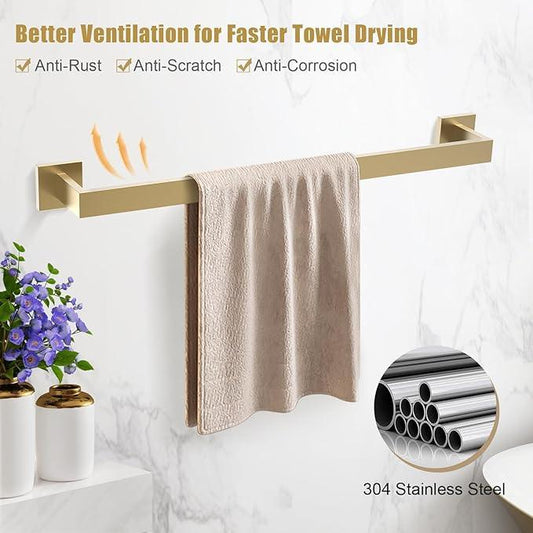 TQKAG Brushed Gold Bathroom Hardware Accessories Set 5 Pieces, Double Post Pivoting Toilet Paper Holder Set Stainless Steel Square Bathroom Towel Bar Holder Set Wall Mounted - ModernBath