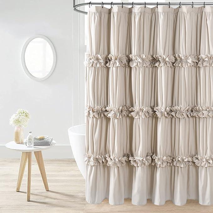 Homechoice Decor Camel Ruffle Shower Curtain, Vintage Handcrafted Bow Tie Ruched Microfiber Bath Curtain for Master Bathroom with 12 Buttonholes, 72" W x 72" H (LQ-10) - ModernBath