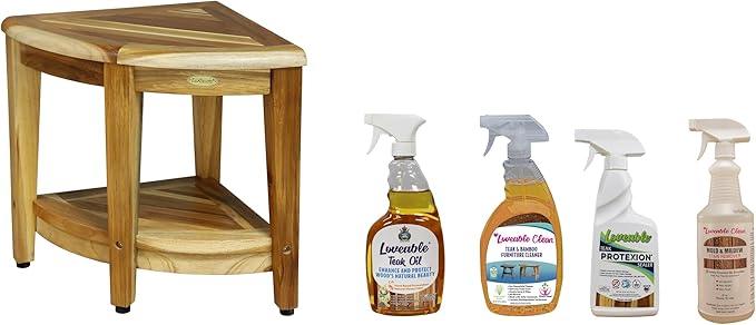 EcoDecors SnazzyCorner 18" Teak Shower Bench, 300 lb Capacity, Fully Assembled + Loveable 4 Pack Care Bundle - ModernBath
